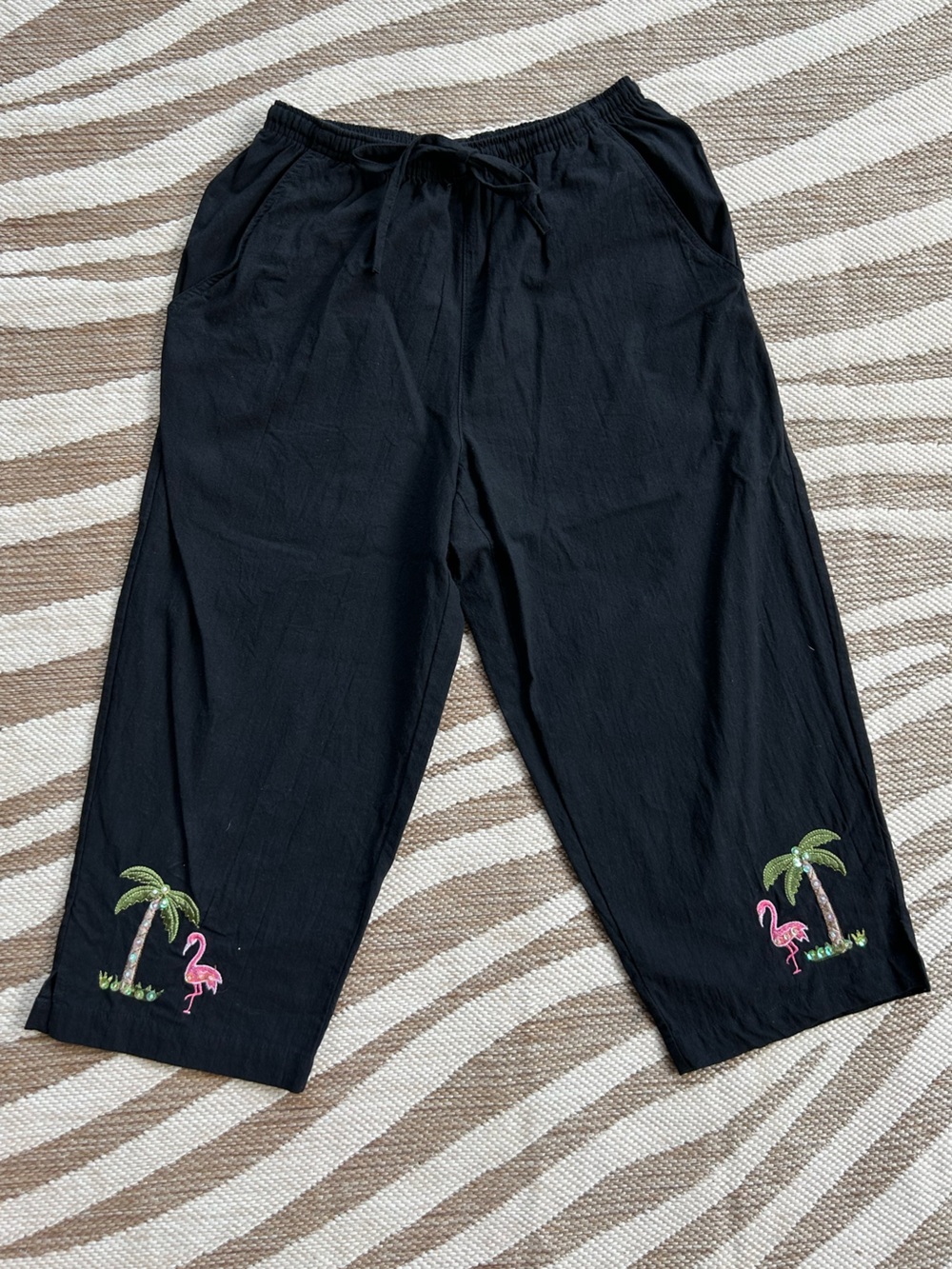 Jane Ashley Black Cotton Capri  Pants with Flamingo & Palm Embroidery - Petite S